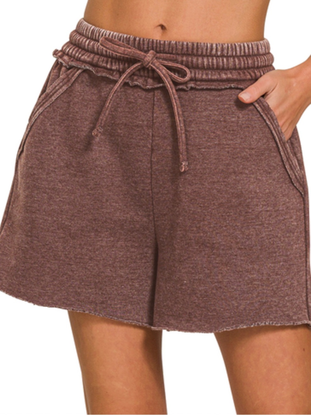 Acid Wash Fleece Drawstring Shorts with Pockets in Mahogany